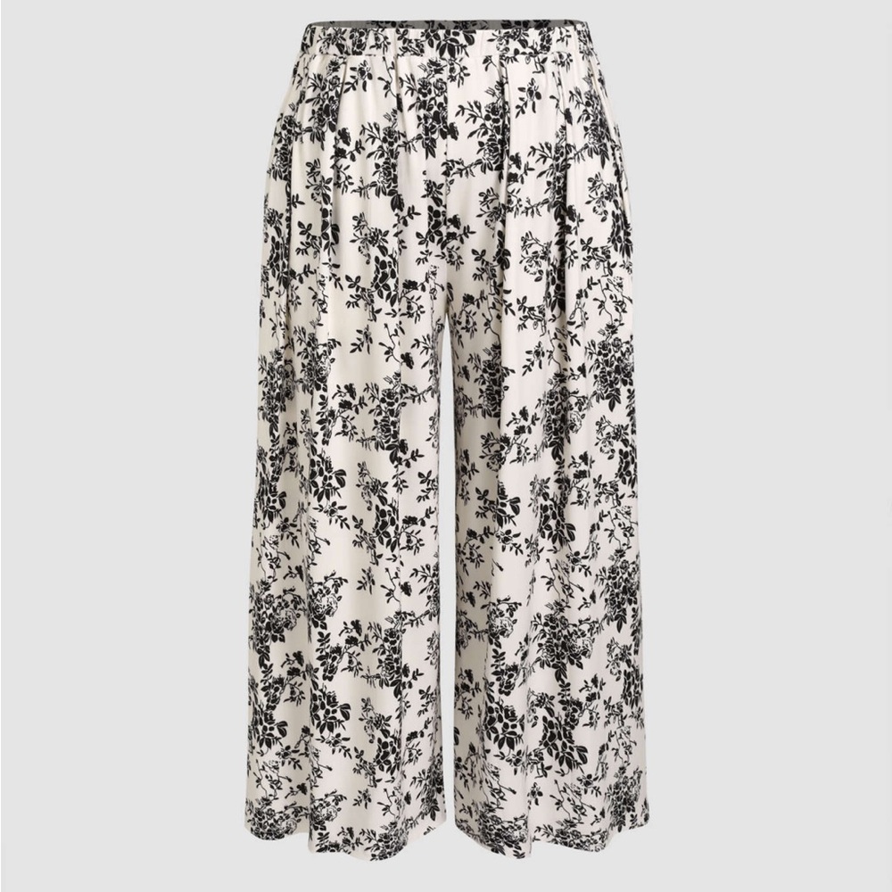 CIDER Black and White Floral Wide Leg High Waist Elastic Dress Pants